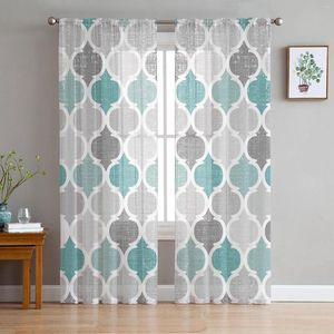 Cortina turquesa gris geométrica marroquí Retro tul gasa transparente para dormitorio sala de estar cocina cortinas de ventana transparentes