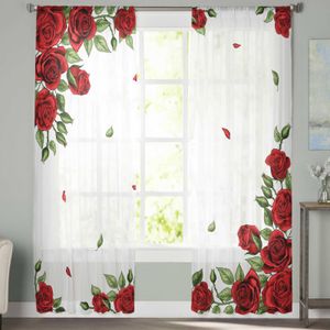 Rideau Saint Valentin Rose Fleurs Rouges Tulle Rideau Salon Luxe Sheer Rideau Décor À La Maison En Mousseline De Soie Rideaux Gaze Fenêtre Rideau