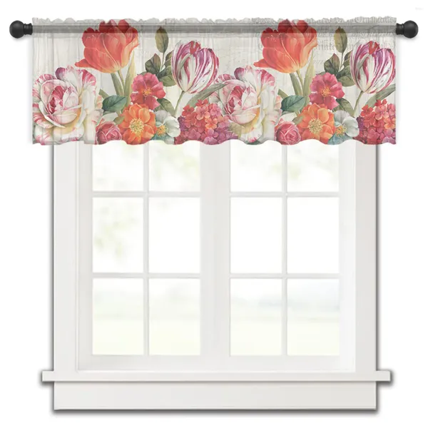 Rideau Vintage fleurs texte tulipes peinture à l'huile chambre Voile fenêtre courte en mousseline de soie rideaux pour cuisine décor à la maison Tulle rideaux