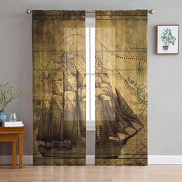 Cortina Vintage barco de vela mapa náutico gasa cortinas transparentes para sala de estar dormitorio decoración ventana cortinas de tul