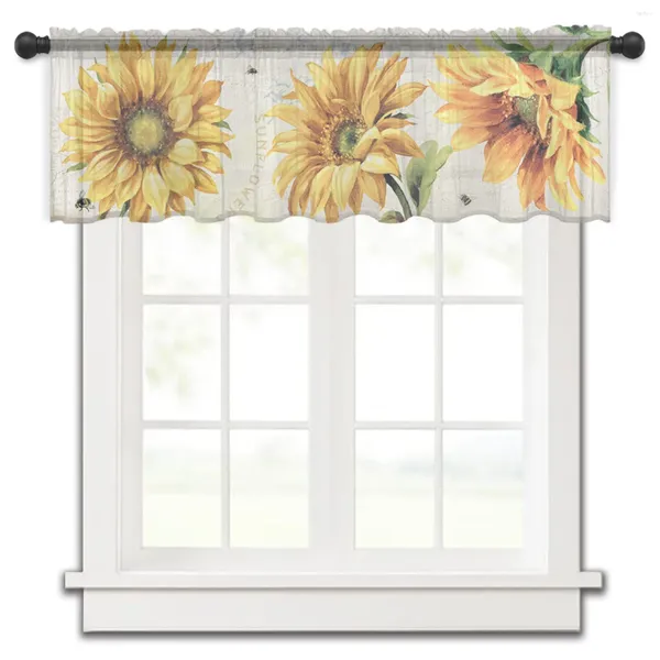 Rideau Vintage tournesol abeille, Voile de chambre à coucher, fenêtre courte, en mousseline de soie, pour cuisine, décoration de maison, petits rideaux en Tulle