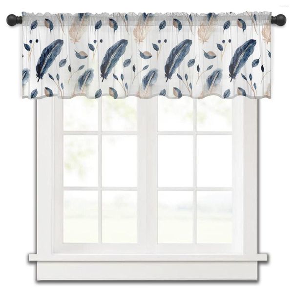 Rideau aquarelle bleu plume cuisine petite fenêtre Tulle pure courte chambre salon décor à la maison Voile rideaux