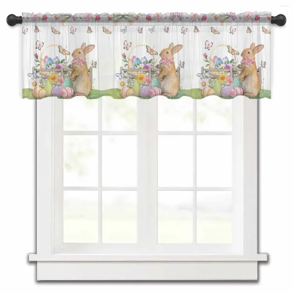 Rideau aquarelle œufs pâques fleurs plantes cuisine rideaux Tulle transparent court salon décor à la maison Voile rideaux