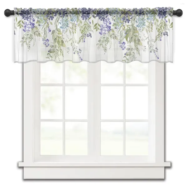 Cortina acuarela flor planta glicina hojas verdes púrpura cortinas de cocina tul transparente corto decoración para sala de estar cortinas de gasa