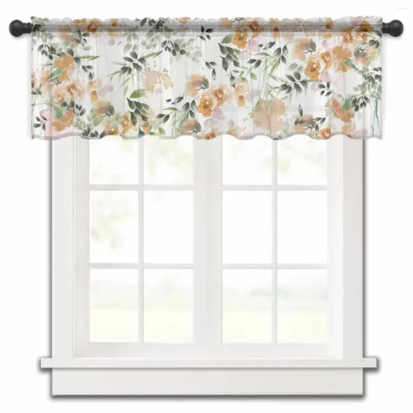 Cortina acuarela flor rosa naranja cortinas de cocina tul transparente corto sala de estar decoración del hogar cortinas de gasa