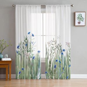 Rideau aquarelle de fleurs plantes blue-vert feuilles rideaux en tulle pour la chambre salon des enfants décor transparent