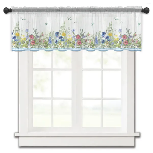 Cortina acuarela flores plantas libélulas azul verde cocina cortinas tul transparente corto sala de estar decoración del hogar cortinas de gasa