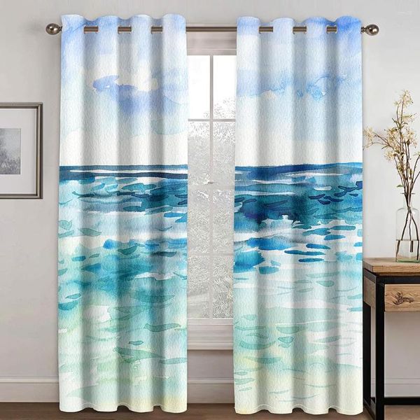 Rideau aquarelle peinture paysage naturel mer eau bleu deux rideaux de fenêtre minces pour salon chambre décor 2 pièces