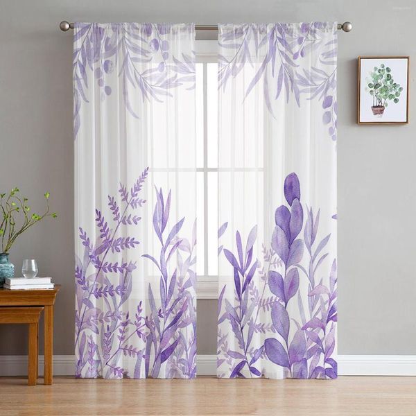 Cortina acuarela púrpura verde hoja planta cortinas para sala de estar transparente tul ventana dormitorio decoración velo cortina