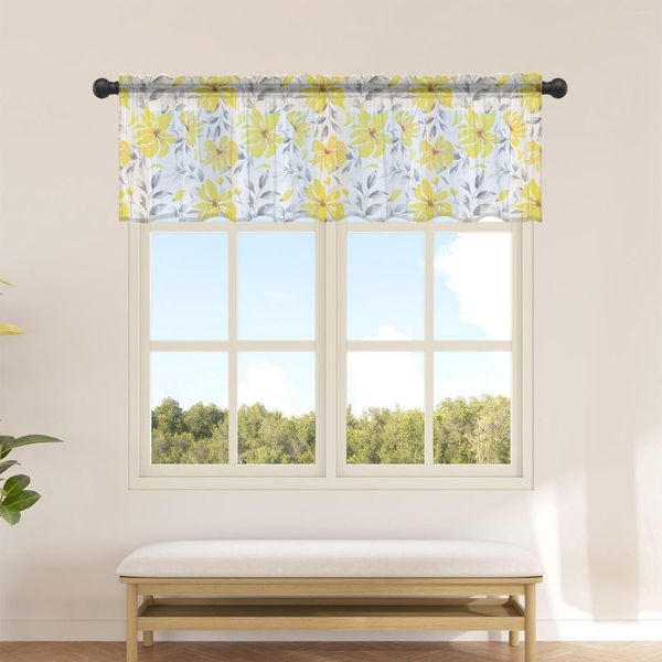 Cortina de acuarela con flores amarillas, cortinas transparentes abstractas para cocina, cafetería, cenefa de ventana de tul medio corta, decoración del hogar