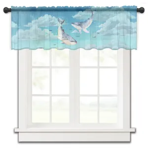 Rideau baleine ciel dessin animé aquarelle courte fenêtre transparente Tulle rideaux pour cuisine chambre décor à la maison petits rideaux de Voile