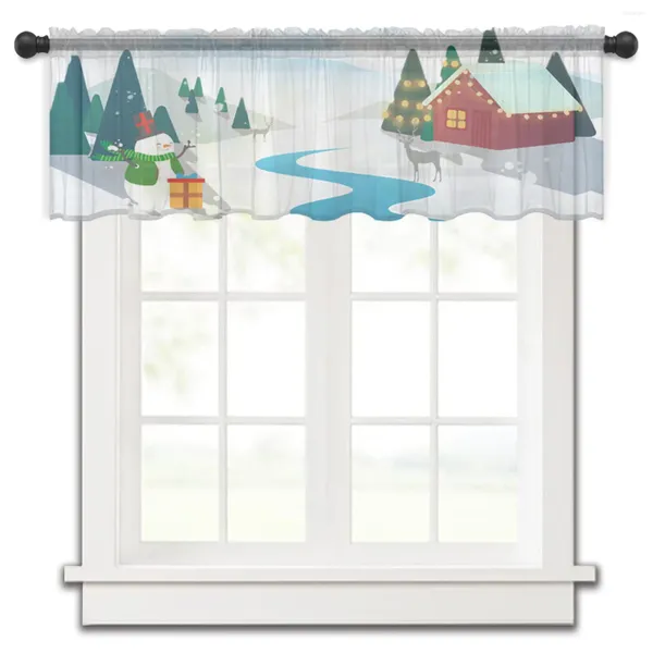 Cortina blanca Navidad muñeco de nieve Casa Roja ventana pequeña tul transparente corto dormitorio sala de estar decoración del hogar cortinas de gasa