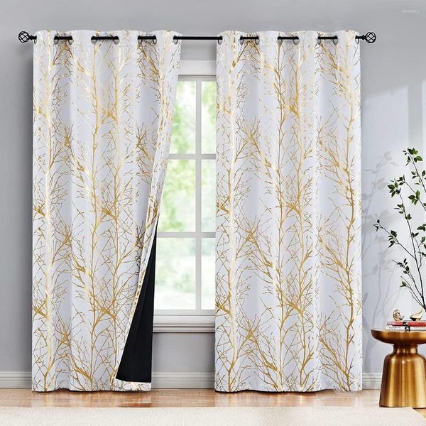 Cortina de árbol blanco y dorado, cortinas opacas para sala de estar, estampado de ramas de aluminio, dormitorio, aislamiento térmico, 84 