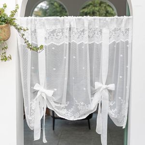 Rideau Blanc Dentelle Rideaux Romains Pour Cuisine Café Tie Up Jacquard Floral Sheer Court Voile Adorable Bowknot Lifable Ballon Drapés