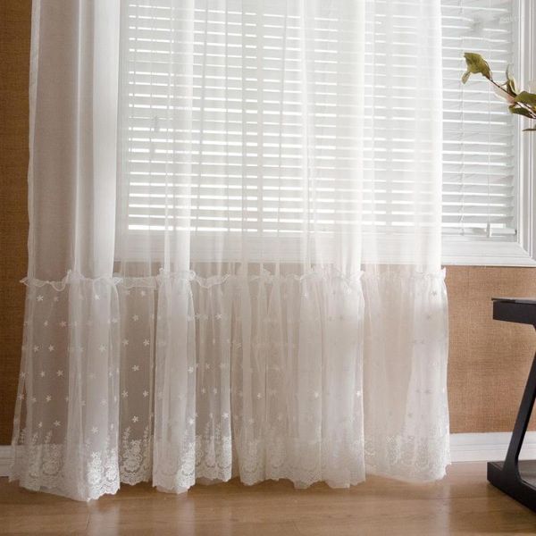 Cortina blanca de encaje de lujo con falda inferior de tul, Cortinas transparentes románticas francesas para sala de estar, dormitorio, cocina, ventana, decoración del hogar, Cortinas