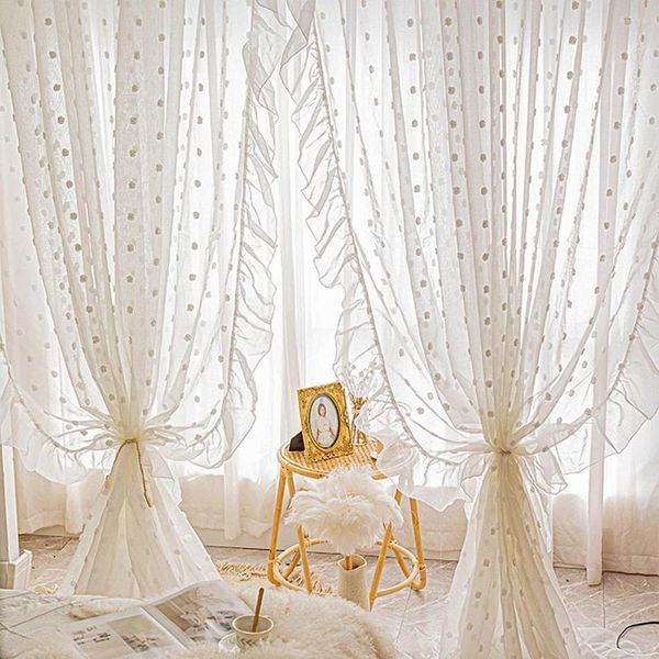 Cortina blanca con pompón, cortinas transparentes para habitación de niñas, romántico, elegante, Encaje Vintage, tul, filtrado de luz, cortinas para ventana para dormitorio