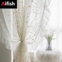 Rideau blanc transparent brodé de fleurs en tulle, rideau de fenêtre français élégant à volants en lin respirant pour salon 240118