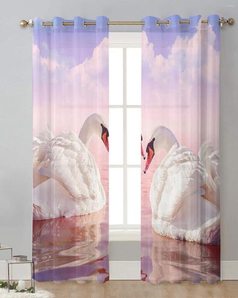 Cortina blanca Cisne Lago Nubes Púrpura Resplandor Tul Sala de estar Impreso Ventana transparente Lujo Hogar Balcón Decoración Cortinas de gasa