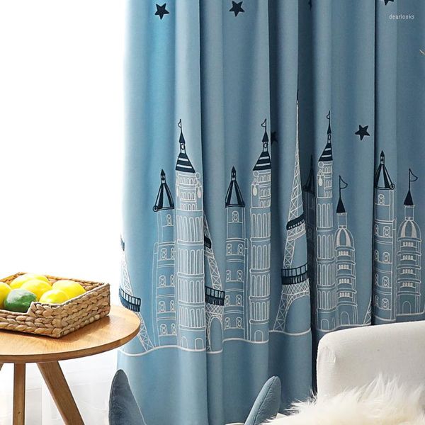 Cortinas de ventana para dormitorio, habitación de niños, niñas mediterráneas, castillo azul de dibujos animados, moderno, minimalista, sombreado alto