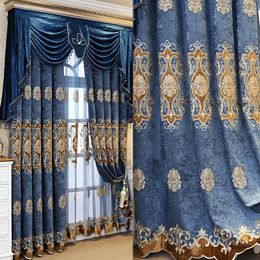 Gordijnraam gordijnen voor woonkamer slaapkamer Europese blauwe chenille geborduurde hoge schaduwstof Chinese koffiekleur