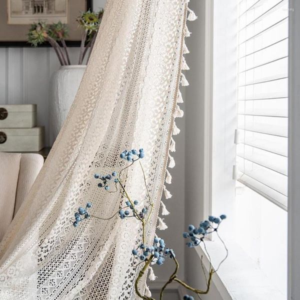 Rideau fenêtre doux brocart coton décoratif Boho fenêtres pure avec gland décor à la maison Tulle pour cadeau