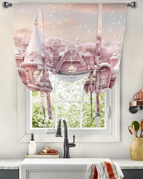 Rideau d'hiver de noël bonhomme de neige forêt rose, avec nœud papillon, pour salon, fenêtre moderne, cuisine, rideaux courts