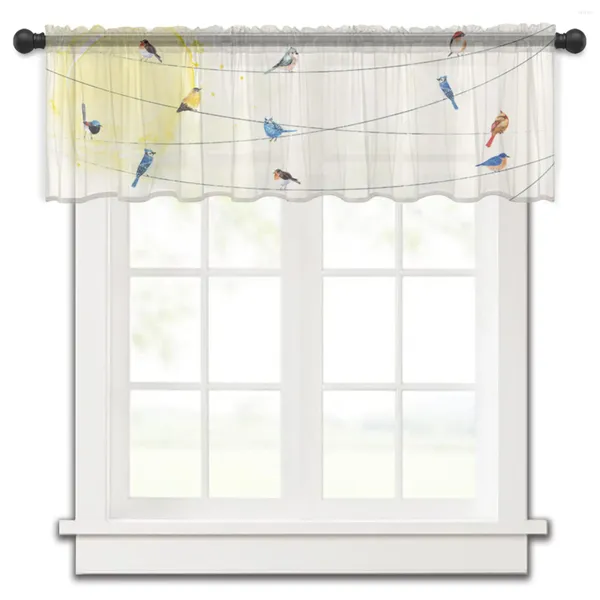 Cortina de alambre con diseño de pájaro para ventana pequeña, tul transparente corto para dormitorio, sala de estar, decoración del hogar, cortinas de gasa