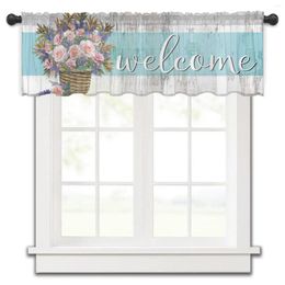 Rideau Bois Grain Fleurs Roses Rétro Cuisine Petit Tulle Sheer Court Chambre Salon Décor À La Maison Voile Rideaux