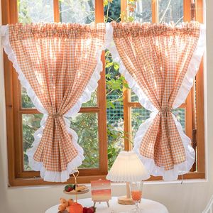 Rideau Yaapeet Country Style Orange Check 2 Pièces Pour Cuisine Porte Cortinas Angleterre Romantique Frontière Rideau Art Home Decorer