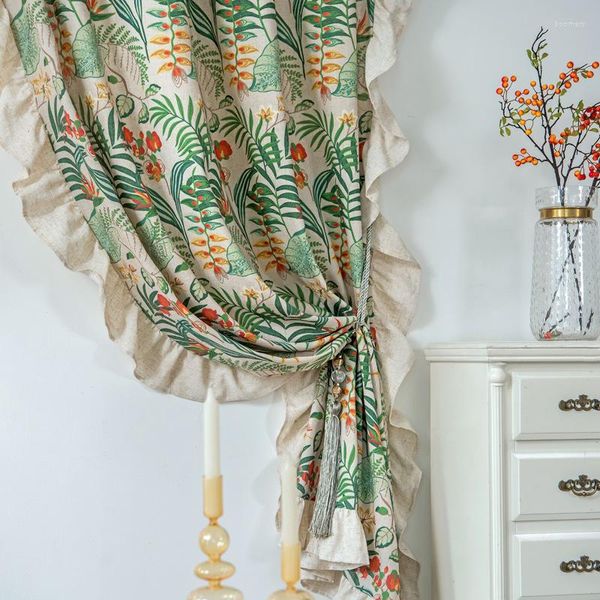 Rideau Yaapeet Plantes Vertes À Volants Sheer Window Cotton Panel Rafraîchissant Shabby Trim Privacy Drape For Living Dining Bedroom