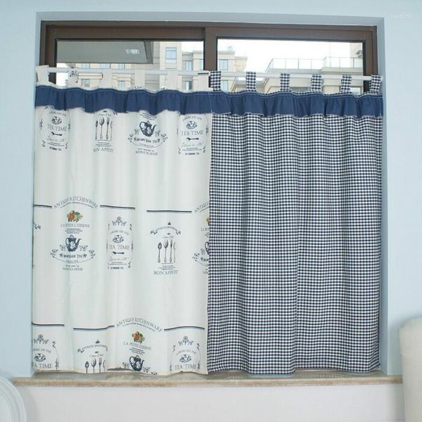 Cortina Yaapeet corta para puerta de cocina, Media Cortinas, 2 uds., estilo francés clásico moderno, estampado artístico de comida, cuadros azules Rideau