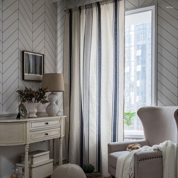 Cortina de hilo teñido a rayas azul marino estilo americano sala de estar dormitorio ventana algodón Lino semi-sombreado decoración del hogar cortinas