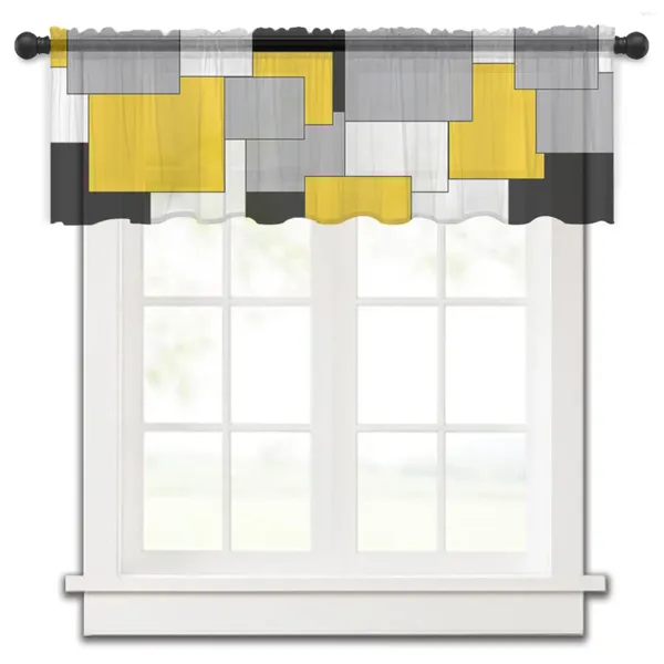 Cortina amarillo gris negro Patchwork arte abstracto estilo Medieval cortinas cortas de tul para ventana cortinas de gasa transparente decoración de cocina