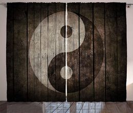 Gordijn ying yang gordijnen rustiek hout met bord art grunge ontwerp vredesbalans yoga natuur woonkamer slaapkamer raam gordijnen