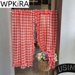 Rideaux 1 PCS Rod Pocket Classique Rouge Plaid Volant Court Rideau Sheer Voile Pour Cuisine Filles Chambre Petite Fenêtre Café Demi-Rideau