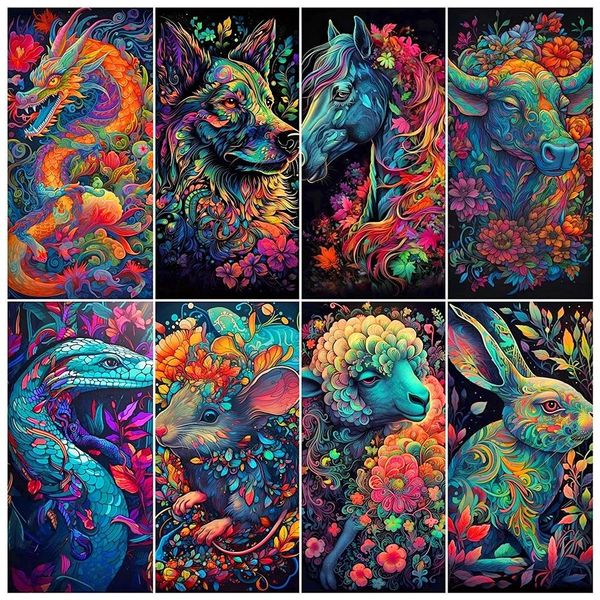 Rideaux 12 Zodiaque Fleur Colorée Animal Diamant Peinture Nouveau 2023 Fantaisie Tigre Cheval Paysage Bricolage Strass Mosaïque Broderie Y899