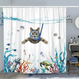 Rideaux 1 pièce rideau de douche imprimé animal de natation de mer mignon chat chien, rideau de douche à thème océan, rideau en tissu polyester avec crochet