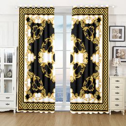 Gordijnen 2 stuks goedkope print zwart goud klassiek merk luxe patroon schaduw venster dun gordijn voor woonkamer slaapkamer decor haak