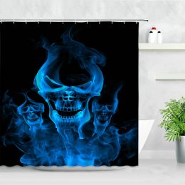 Rideaux 3D bleu flamme crâne rideaux de douche créatif squelette noir toile de fond décor imperméable Polyester baignoire salle de bain rideau crochets