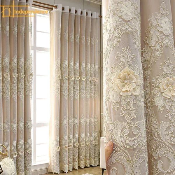 Rideaux 3D broderie dentelle fenêtre écran or haute précision rideaux salon chambre personnalisé balcon baie vitrée blanc Tulle