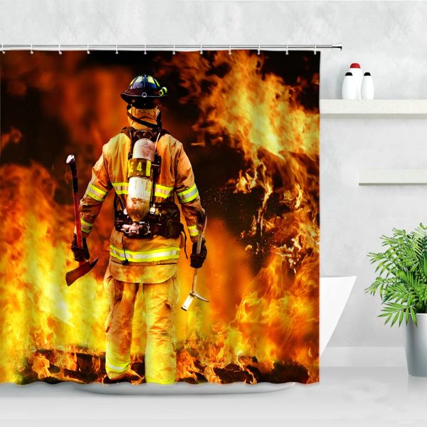 Rideaux 3D Firefighter Firefighting motif de douche rideaux de douche sportives imperméables tissu de feu rouge avec crochets décor de la salle de bain rideau de salle de bain