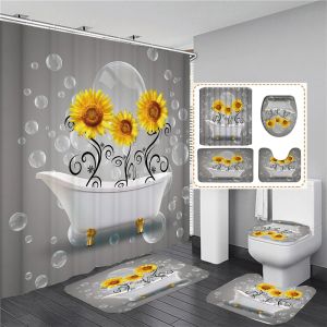 Rideaux Ensemble de rideau de douche fleur 3D tapis de bain tapis tournesol ensembles de salle de bain rideaux de baignoire avec crochets tapis antidérapant couverture d'abattant de toilette
