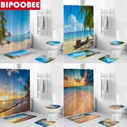 Rideaux 3d de haute qualité en tissu de plage ensoleillée rideaux de douche rideau de salle de bain mer côtière non glissière couvercle de toilette de toilette