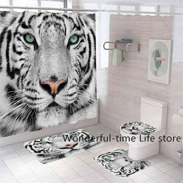 Rideaux 3d Luxury White Tiger Imprimé Curtain de douche avec 12 crochets Animaux Mat de bain paillasson couvercle couvercle de la maison