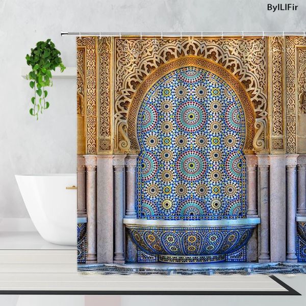 Rideaux Rideau de douche marocain 3D, porte vieillie, motif géométrique, conception de porte d'entrée, rideaux de salle de bains de Style Oriental Architectural