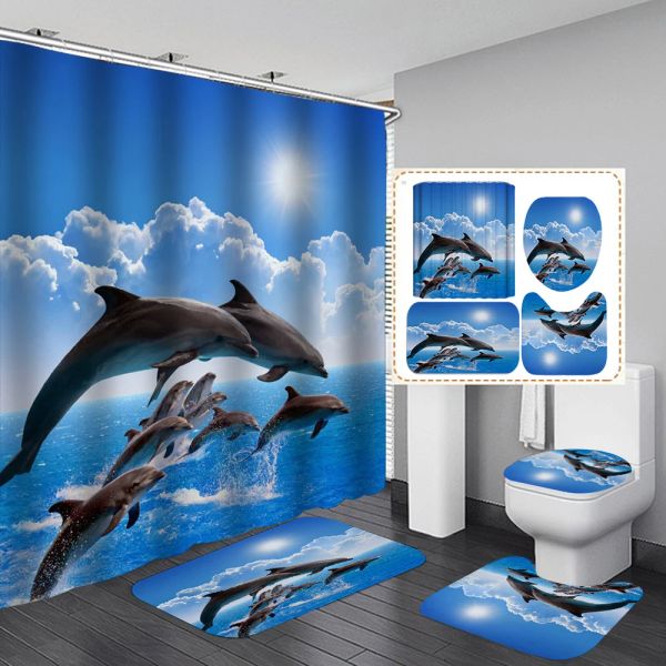 Cortinas 3D Diseño del océano Delfín Tela impermeable Cortina de baño Juego de cortinas de ducha azules Alfombras antideslizantes Tapa de inodoro Alfombra de baño