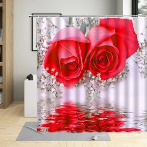 Rideaux 3D Plante Fleurs Rideau De Douche Coloré Rose Fleur Gypsophile Surface De L'eau Image Salle De Bains Tissu Imperméable Costume À La Maison Avec Hoo