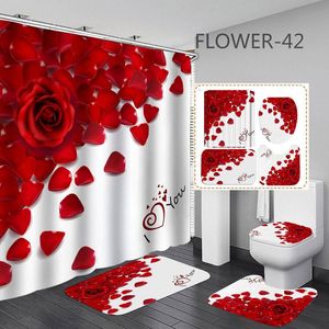Rideaux 3D imprimé fleurs rideau de bain imperméable rouge Rose rideau de douche plantes tapis de bain ensemble amour coeur saint valentin salle de bain décor