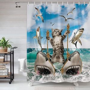Cortinas con estampado 3d de gato divertido, cortinas de ducha de tiburón, tela impermeable de poliéster, accesorios de baño, decoración del hogar, Cortina de baño