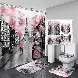 Gordijnen 4 stcs Paris Eiffeltoren Roze douchegordijnsets met niet -slijpen Tapijten Bad Ushaped mat toilet deksel deksel valentijn badkamer decor